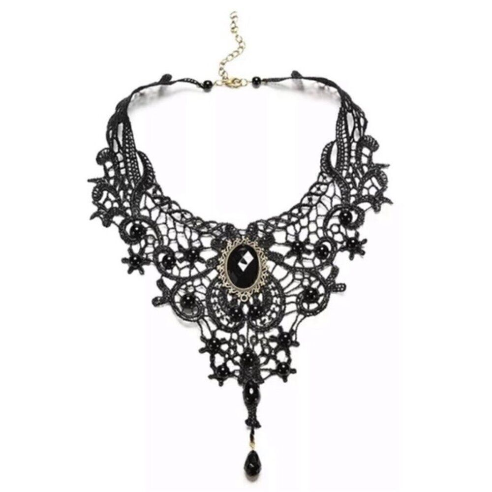 New Victorian Gothic Black Lace Choker Necklace with Gemstone Centerpiece - Picture 3 of 11